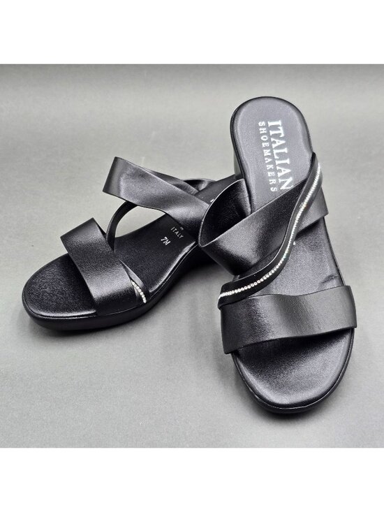 Italian Shoemakers Shoes - Italian Shoemakers Remus Black Slide Sandals Size 7 M Crystal Trim Wedge Heel